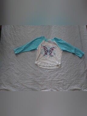 Girls White & Aqua Butterfly Raglan Tee - Long Sleeve